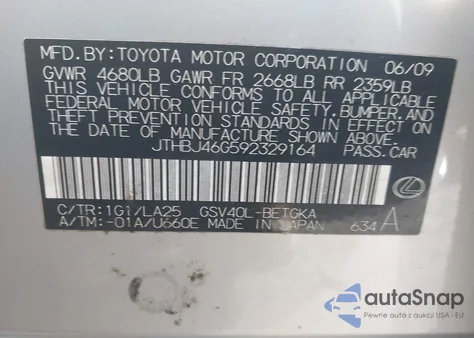 2009 Lexus Es 350 z USA, uszkodzony, nr VIN JTHBJ46G592329164